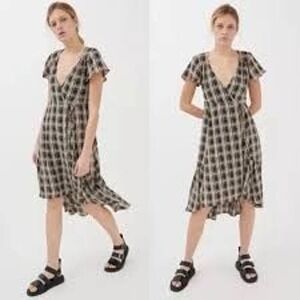 Urban Outfitters Daphne Boho Black Print Short Sleeve Wrap High Low Midi Dress
